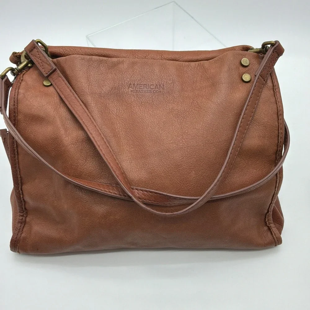 AMERICAN LEATHER CO Brown Genuine Leather Handbag Lenox Triple Entry Satchel - Picture 2 of 12